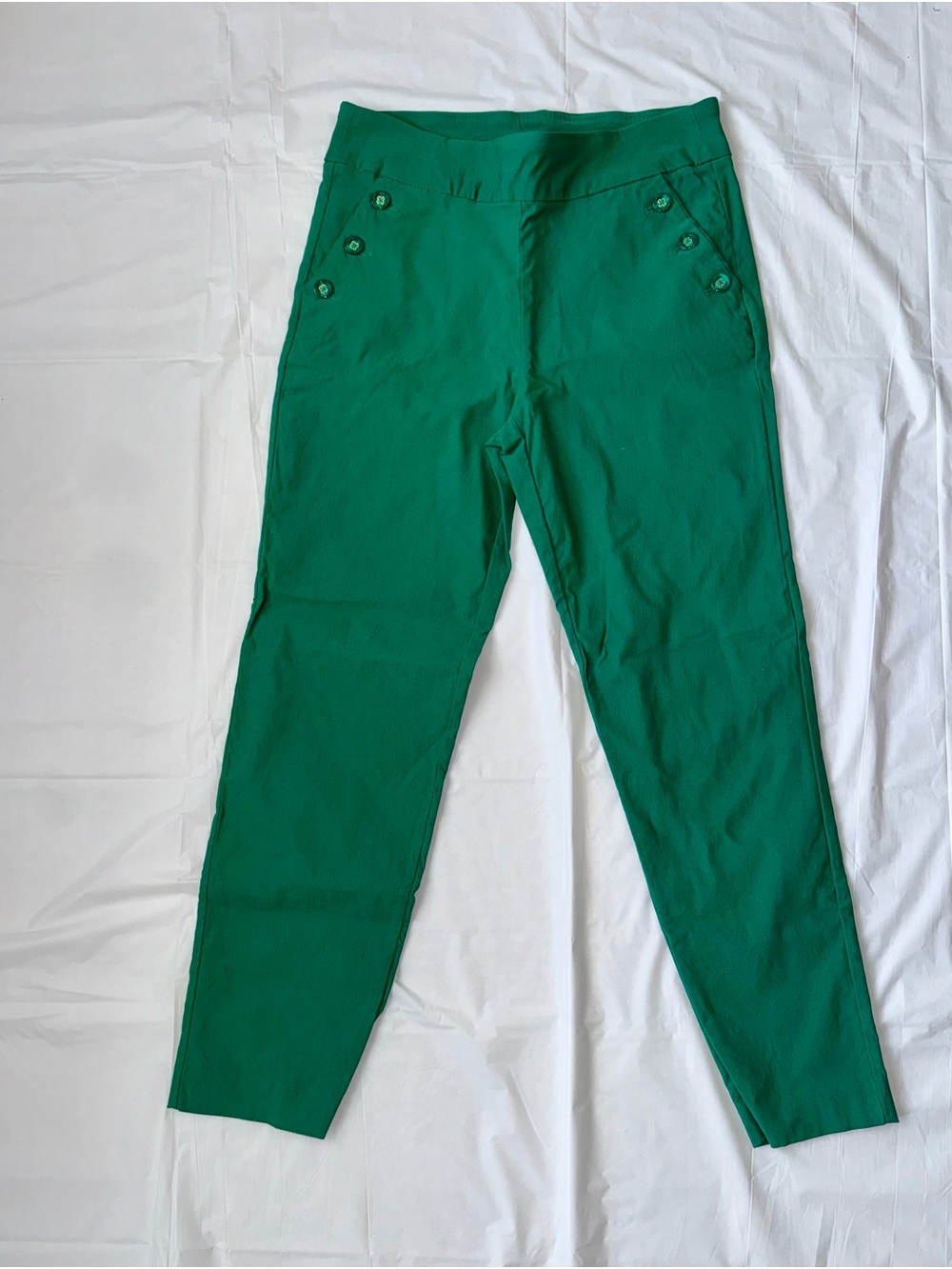Green Button-Accent High-Waist Pants